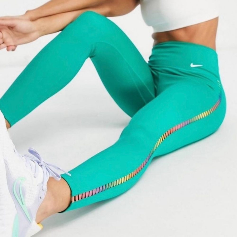 Nike Women's Teal Leggings with Rainbow Detail